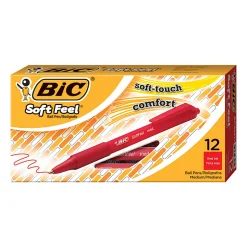 BIC® Soft Feel® Retractable Ballpoint Pens, Medium Point, 1.0 mm, Red Barrel, Red Ink, Box Of 12 Pens