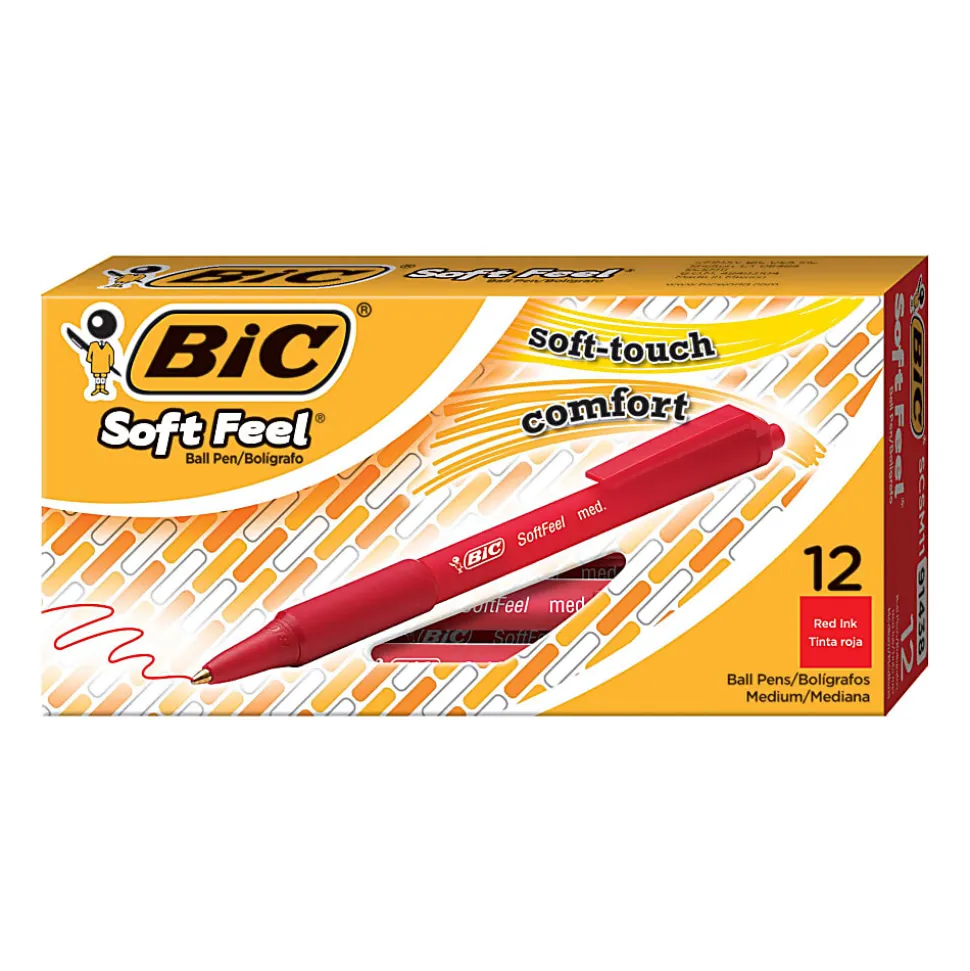 BIC® Soft Feel® Retractable Ballpoint Pens, Medium Point, 1.0 mm, Red Barrel, Red Ink, Box Of 12 Pens