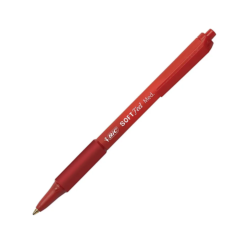 BIC® Soft Feel® Retractable Ballpoint Pens, Medium Point, 1.0 mm, Red Barrel, Red Ink, Box Of 12 Pens