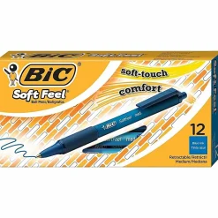 BIC Soft Feel Retractable Ballpoint Pens, Medium Point, 1.0 mm, Blue Barrel, Blue Ink, Pack Of 12