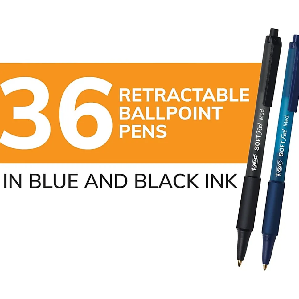 BIC® SoftFeel Retractable Ballpoint Pens, Medium Point, 1.0 mm, Assorted Barrels, Assorted Ink Colors, Box Of 36
