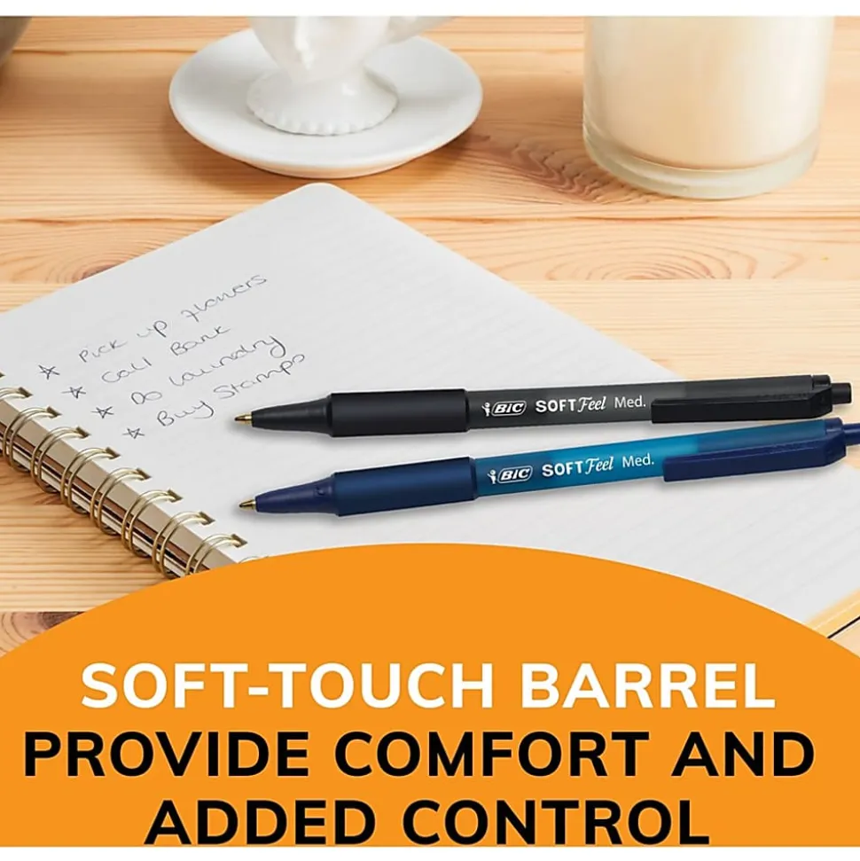 BIC® SoftFeel Retractable Ballpoint Pens, Medium Point, 1.0 mm, Assorted Barrels, Assorted Ink Colors, Box Of 36