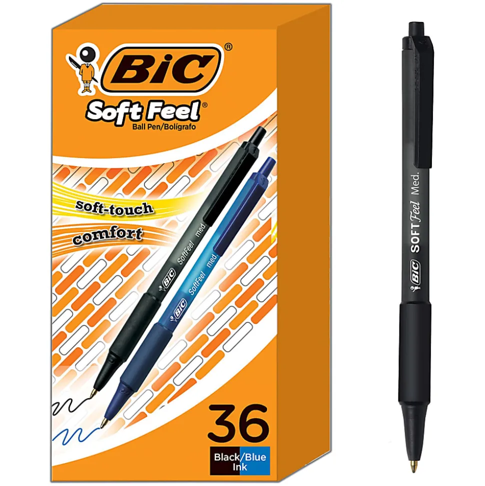 BIC® SoftFeel Retractable Ballpoint Pens, Medium Point, 1.0 mm, Assorted Barrels, Assorted Ink Colors, Box Of 36