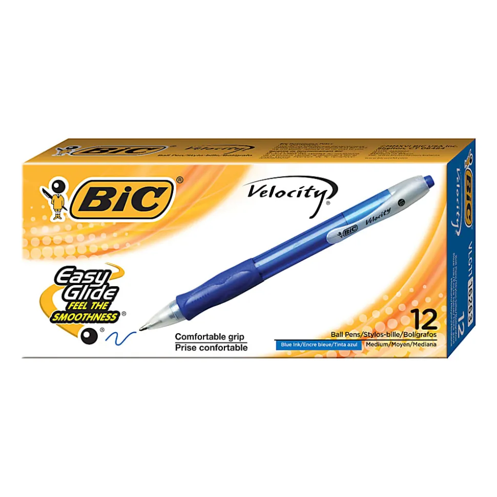 BIC® Velocity® Retractable Ballpoint Pens, Medium Point, 1.0 mm, Assorted Barrels, Blue Ink, Pack Of 12