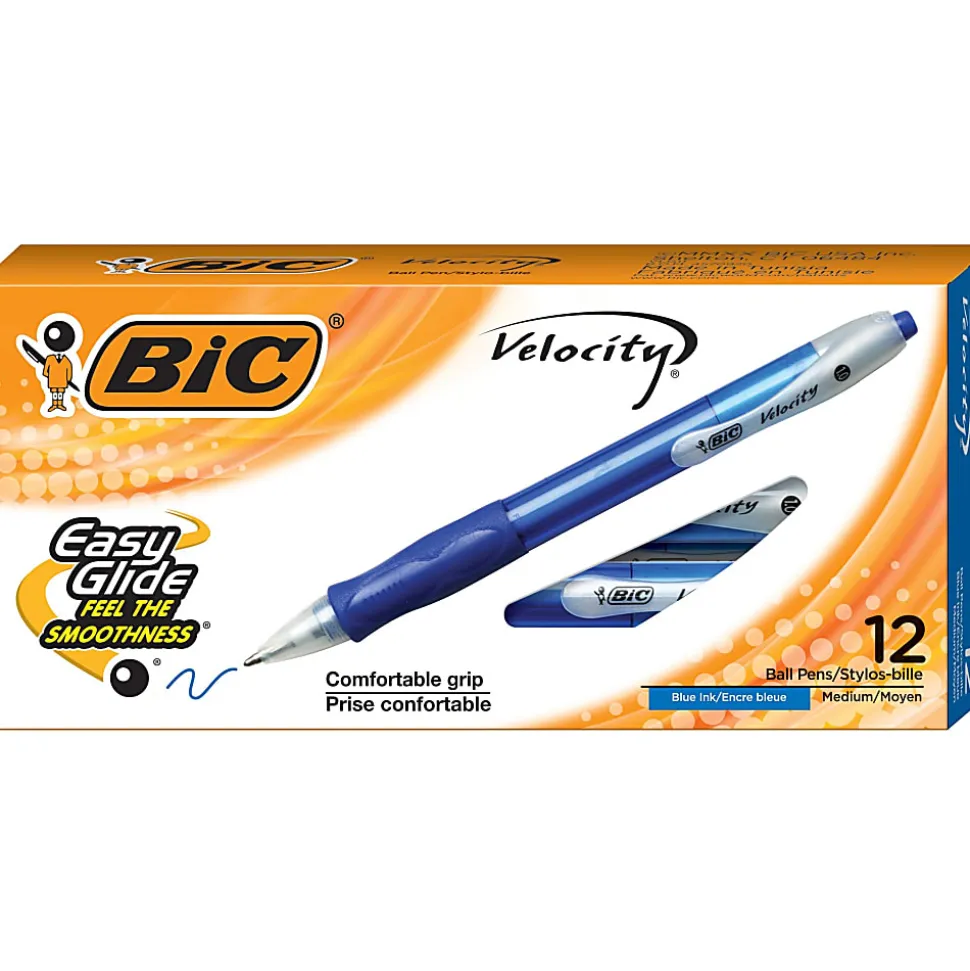 BIC® Velocity® Retractable Ballpoint Pens, Medium Point, 1.0 mm, Assorted Barrels, Blue Ink, Pack Of 12