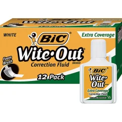 BIC® Wite-Out® Extra Coverage Correction Fluid, 0.68 oz (20 mL), White, Pack Of 12
