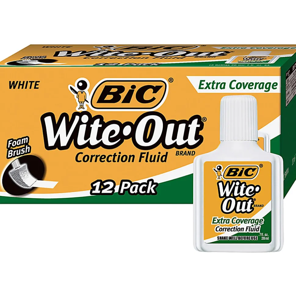 BIC® Wite-Out® Extra Coverage Correction Fluid, 0.68 oz (20 mL), White, Pack Of 12