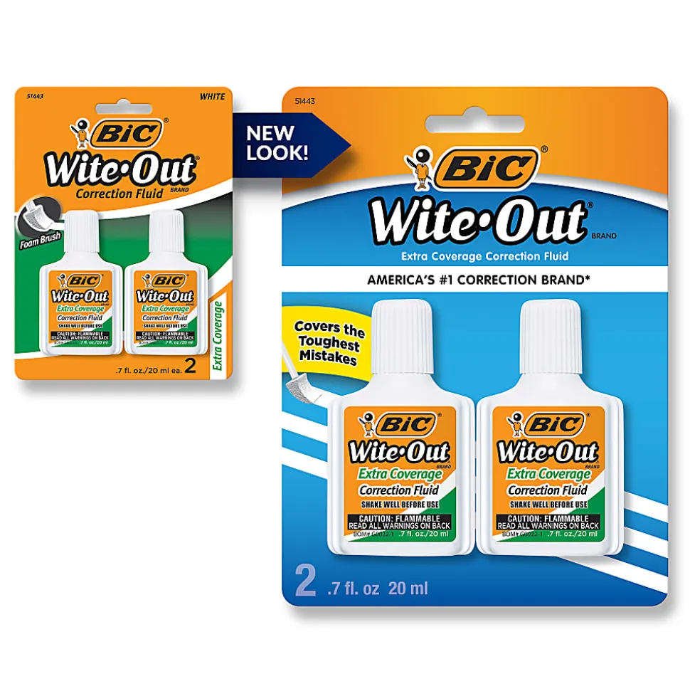 BIC Wite-Out Extra Coverage Correction Fluid, 20 mL Bottles, White, Pack Of 2