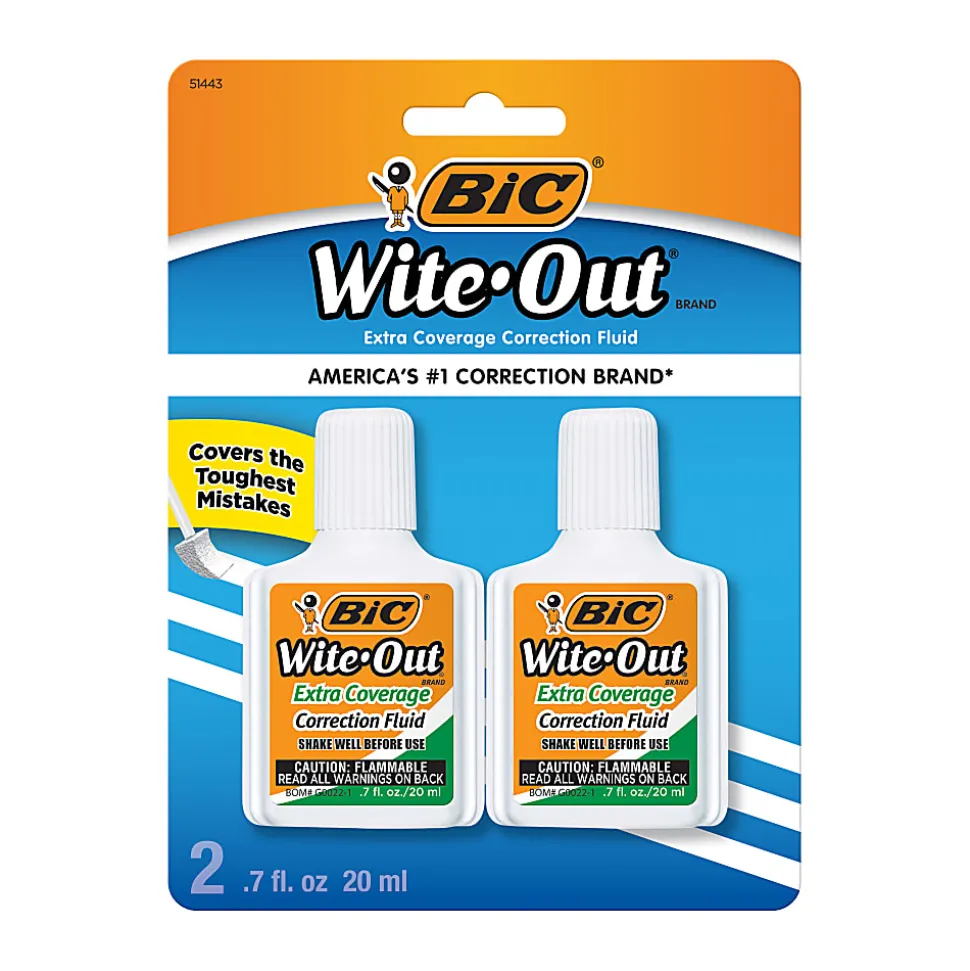 BIC Wite-Out Extra Coverage Correction Fluid, 20 mL Bottles, White, Pack Of 2