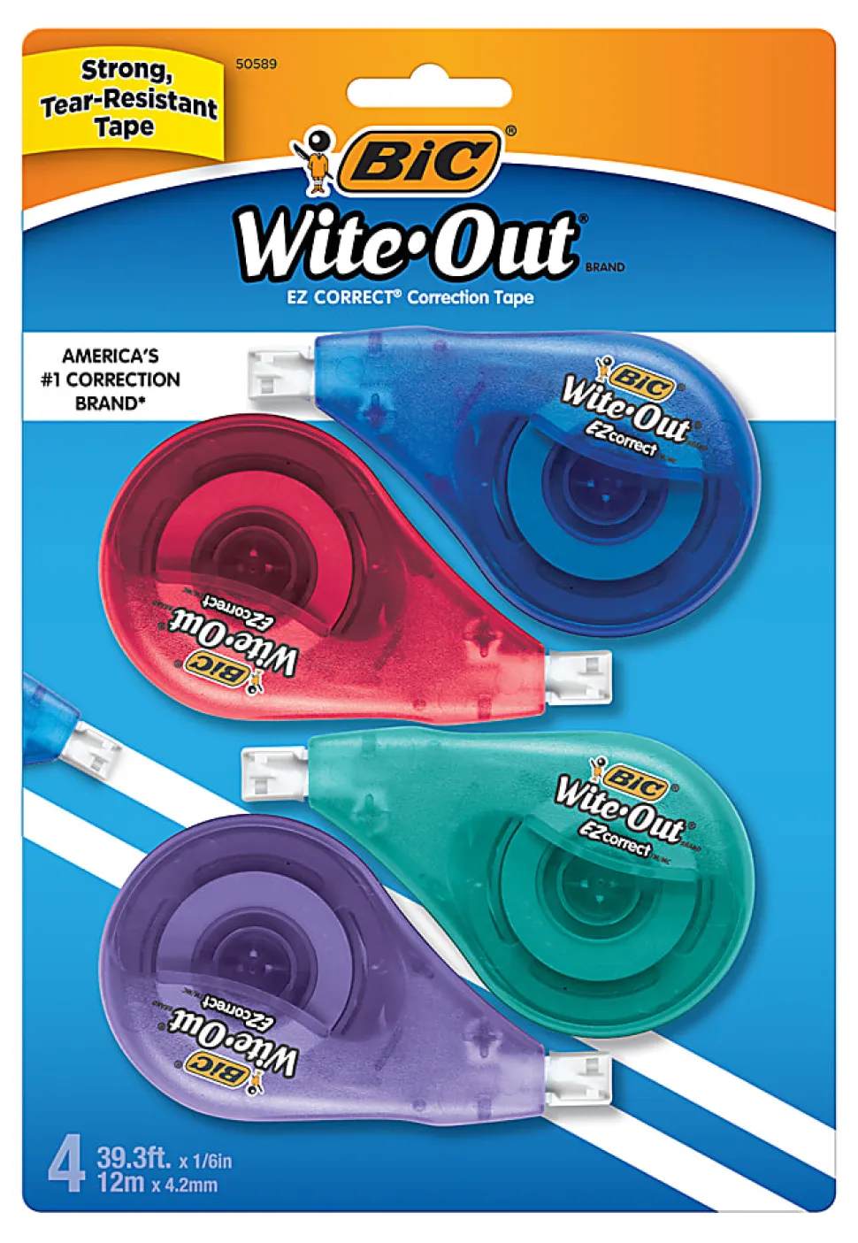 BIC Wite-Out EZ Correct Correction Tape, White, No Dry Time, Tear Resistant Tape, 4-Count