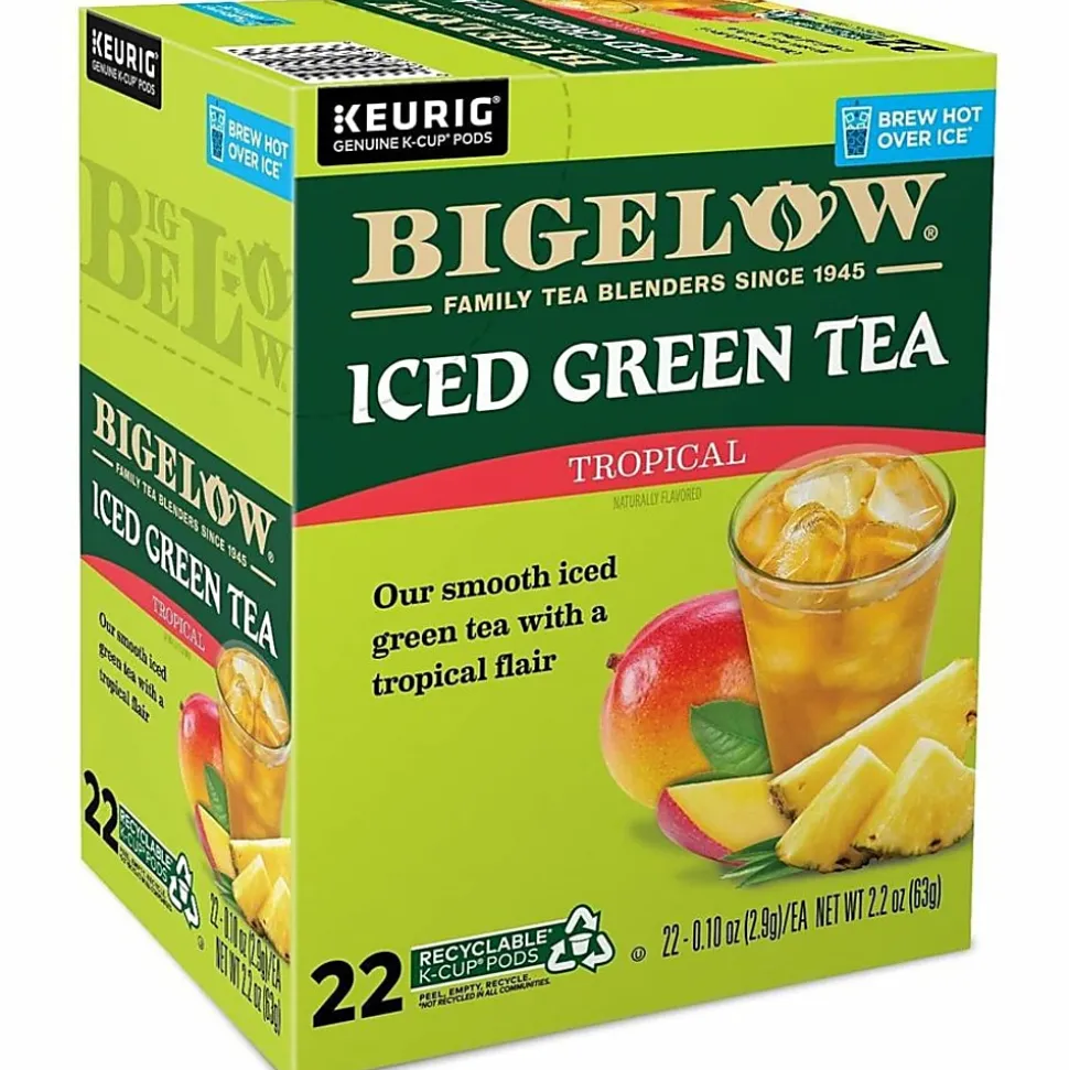 Bigelow Tropical Iced Green Tea K-Cup Pods, 0.10 Oz, Pack Of 22 Pods