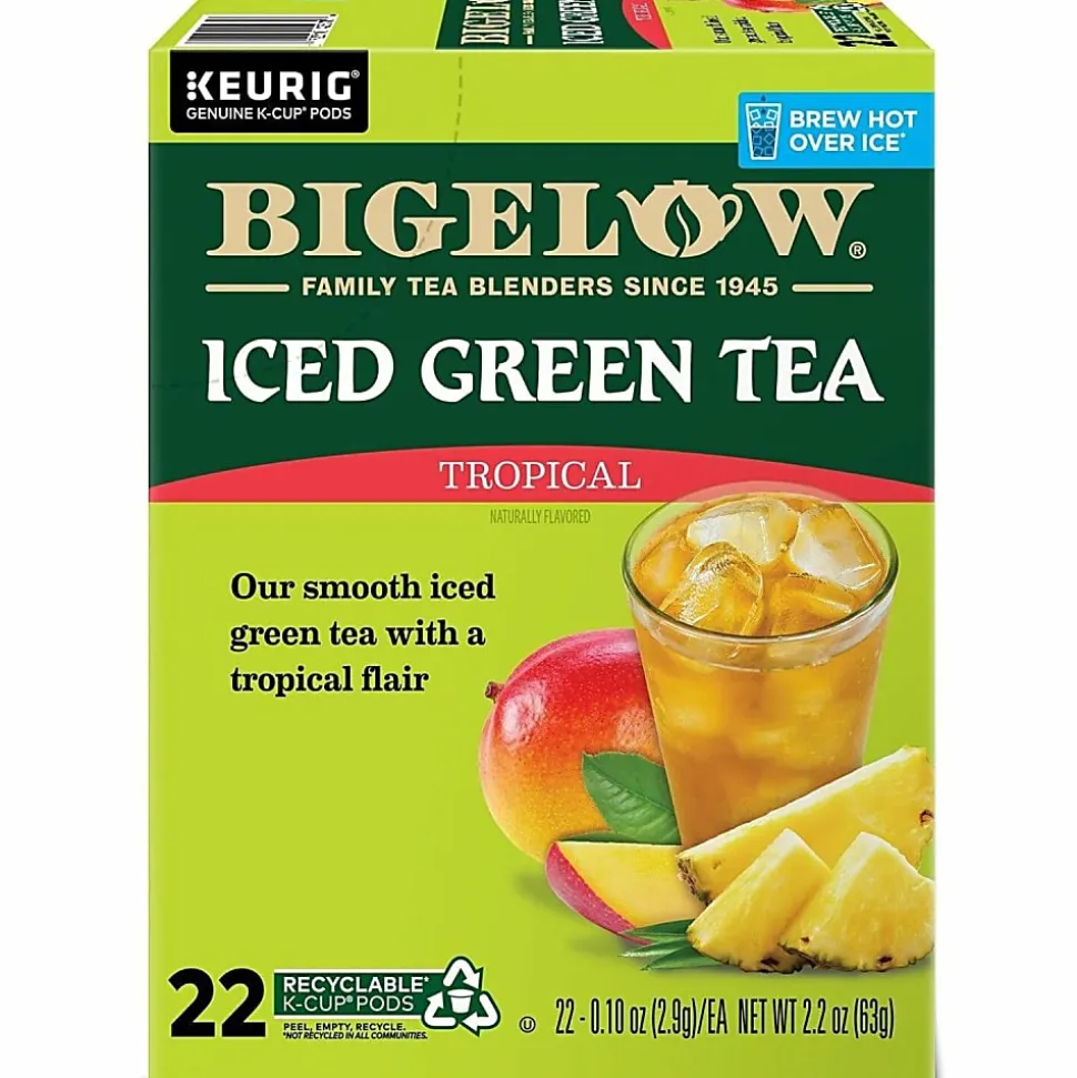 Bigelow Tropical Iced Green Tea K-Cup Pods, 0.10 Oz, Pack Of 22 Pods