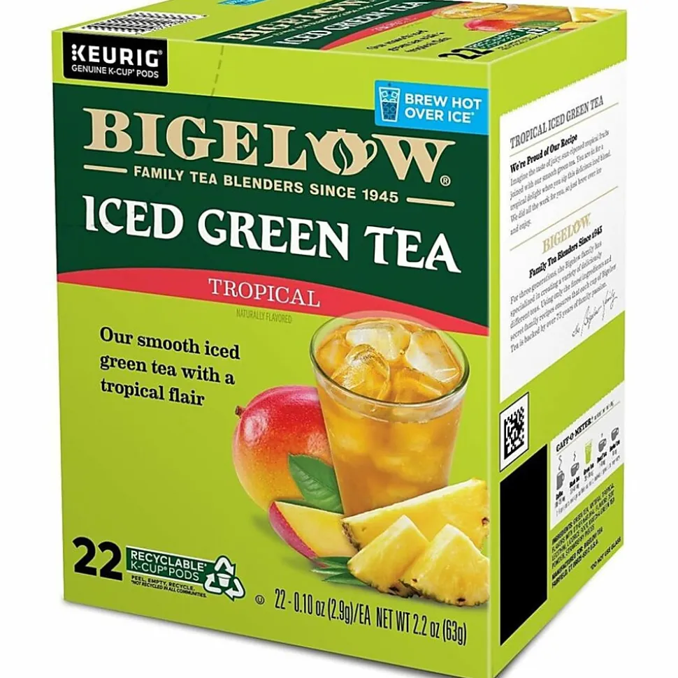 Bigelow Tropical Iced Green Tea K-Cup Pods, 0.10 Oz, Pack Of 22 Pods