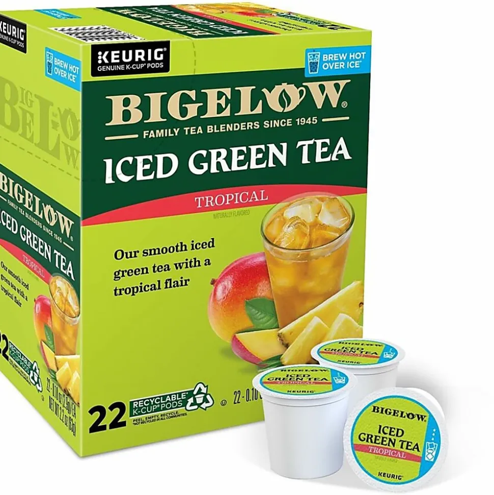 Bigelow Tropical Iced Green Tea K-Cup Pods, 0.10 Oz, Pack Of 22 Pods