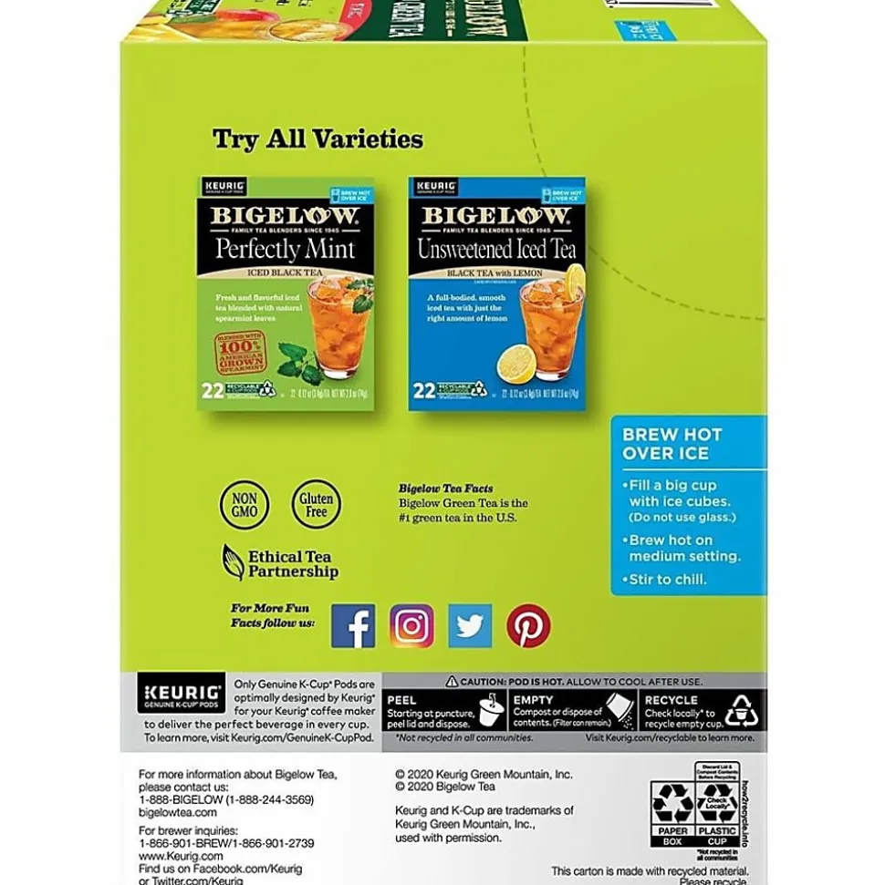 Bigelow Tropical Iced Green Tea K-Cup Pods, 0.10 Oz, Pack Of 22 Pods