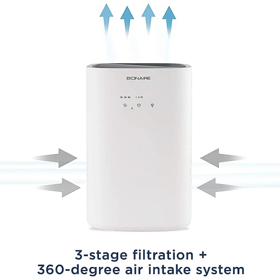 Bionaire 360 True HEPA 3-Stage Filtration Air Purifier With Timer And Nightlight, 155 Sq. Ft. Coverage, 8-1/4” x 12-3/4”