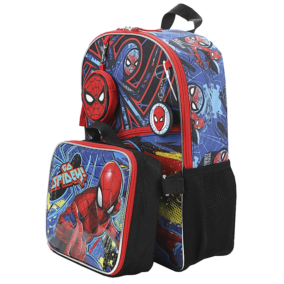 Bioworld Spiderman Backpack With Lunch Bag, Utility Case, Key Chain And Water Bottle, Multicolor