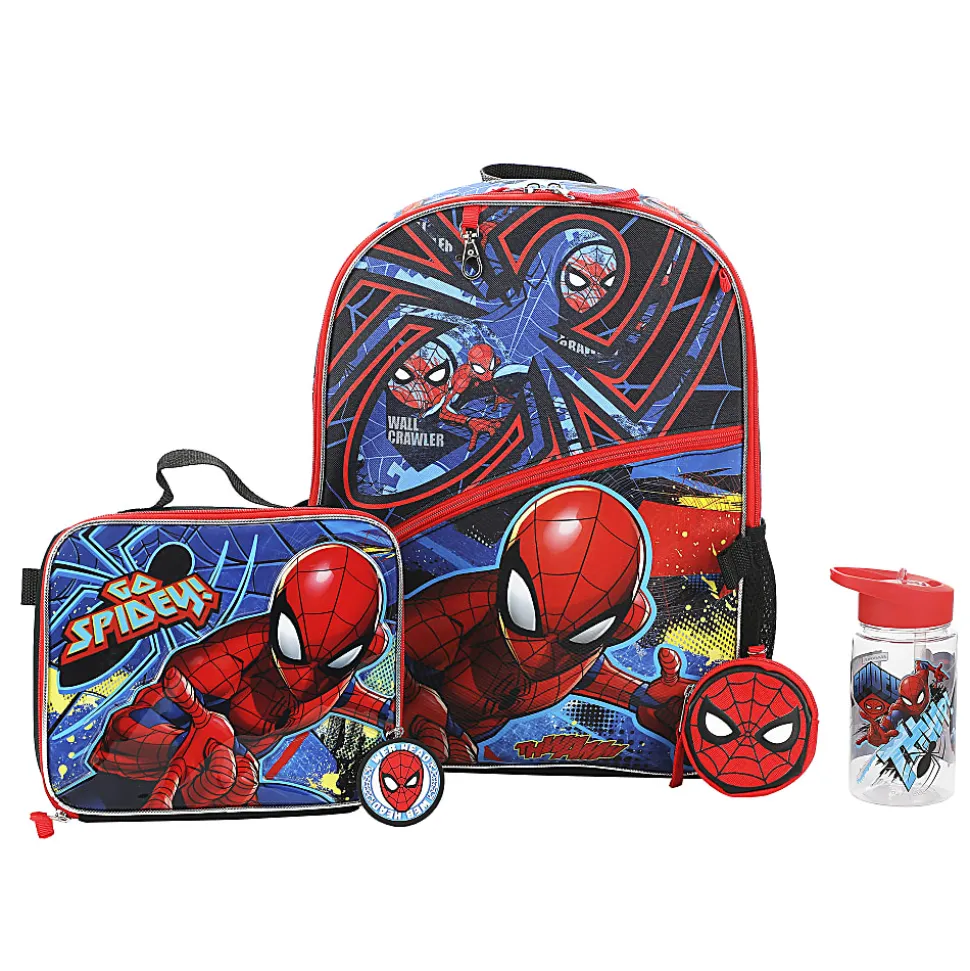 Bioworld Spiderman Backpack With Lunch Bag, Utility Case, Key Chain And Water Bottle, Multicolor