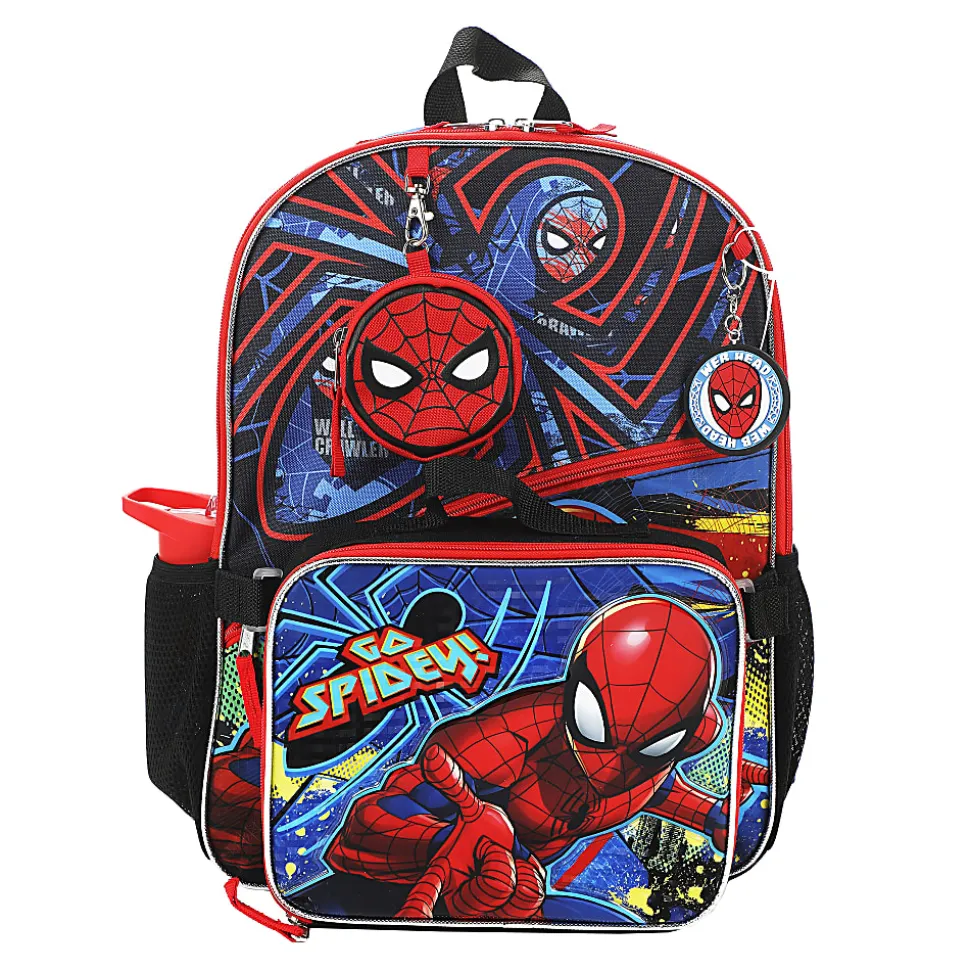 Bioworld Spiderman Backpack With Lunch Bag, Utility Case, Key Chain And Water Bottle, Multicolor
