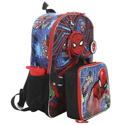 Bioworld Spiderman Backpack With Lunch Bag, Utility Case, Key Chain And Water Bottle, Multicolor