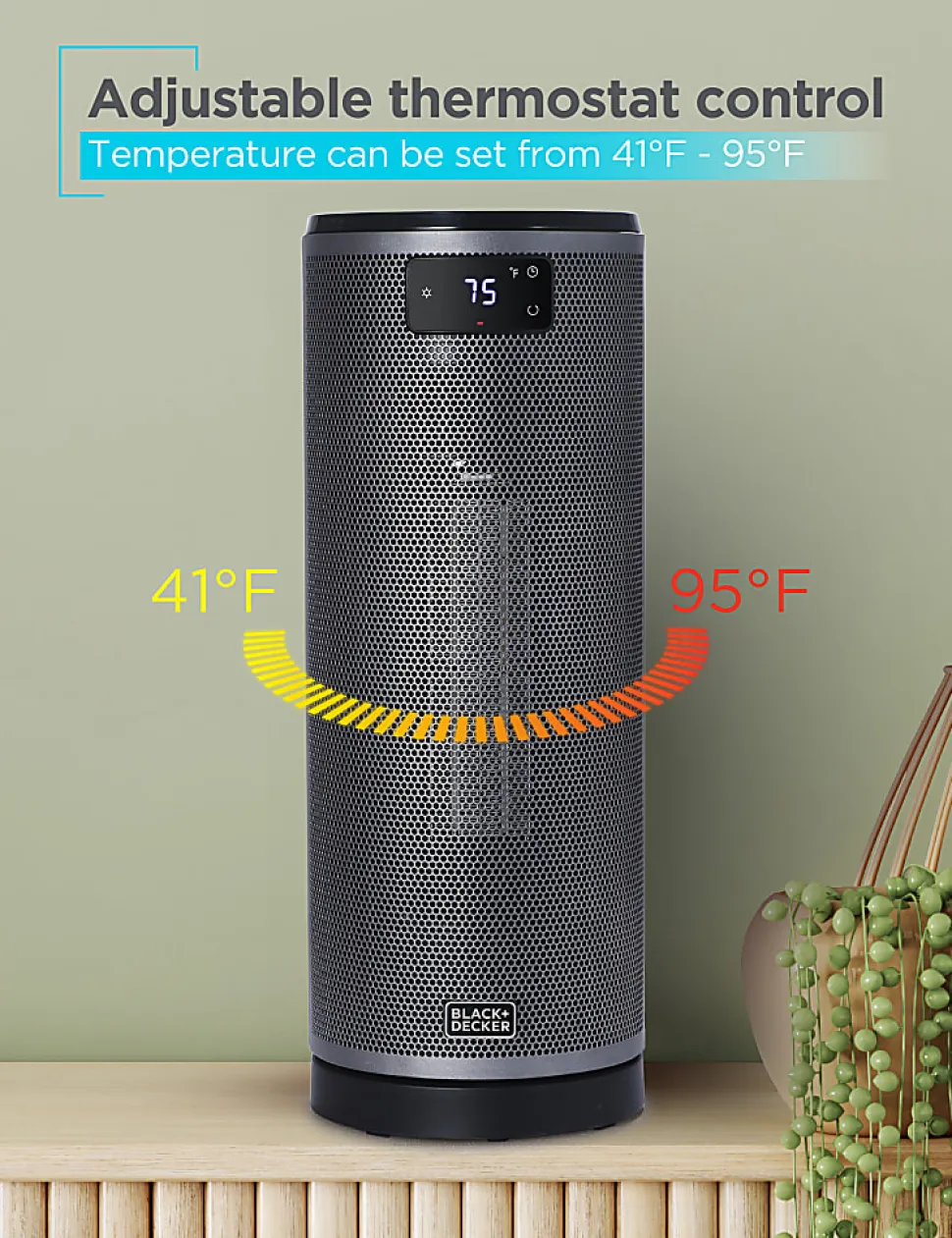 Black+Decker Ceramic Oscillating 1,500W Tower Heater With Remote Control, 15-13/16”H x 6”W x 6-1/8”D, Black