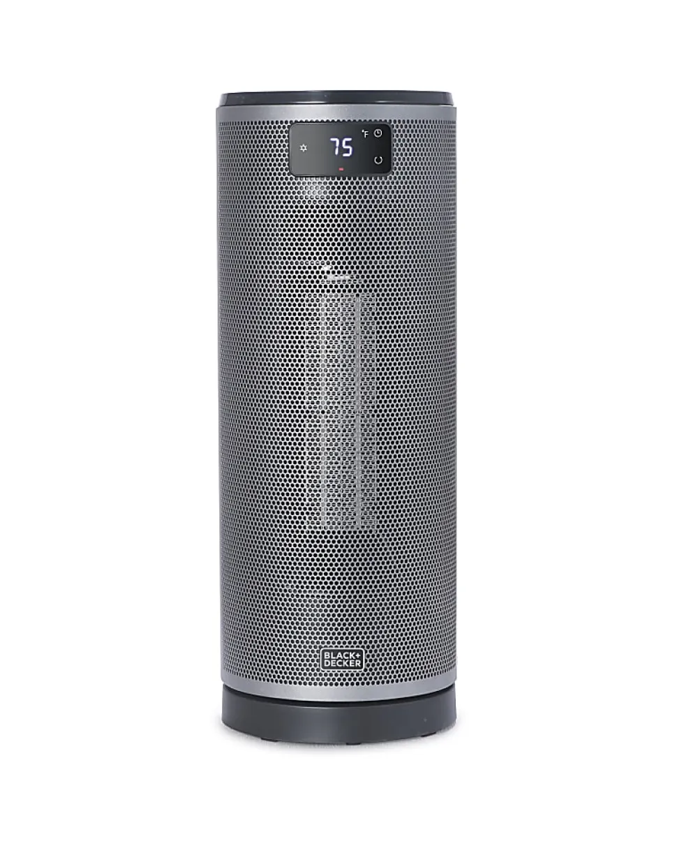 Black+Decker Ceramic Oscillating 1,500W Tower Heater With Remote Control, 15-13/16”H x 6”W x 6-1/8”D, Black
