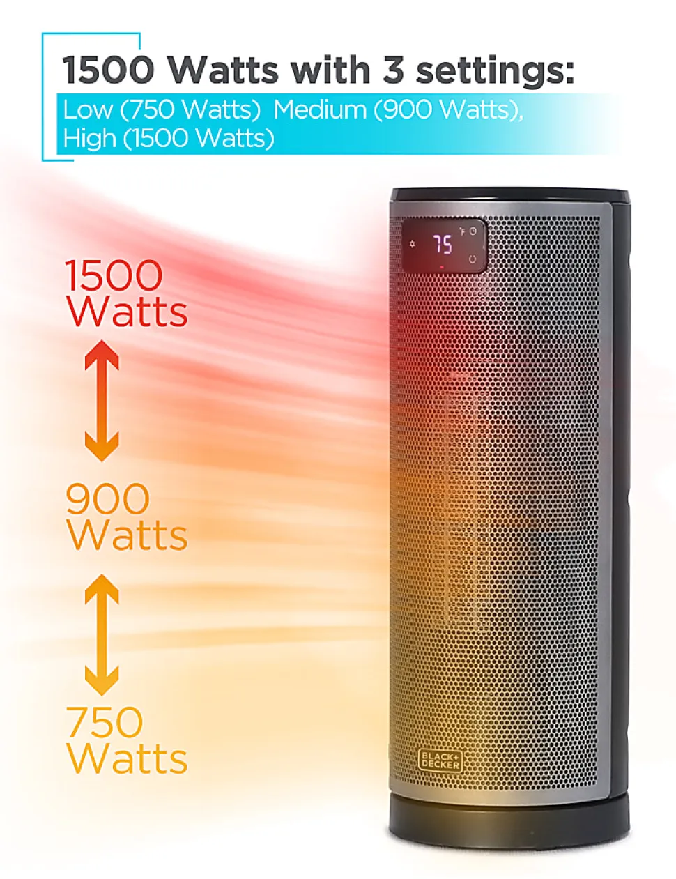 Black+Decker Ceramic Oscillating 1,500W Tower Heater With Remote Control, 15-13/16”H x 6”W x 6-1/8”D, Black