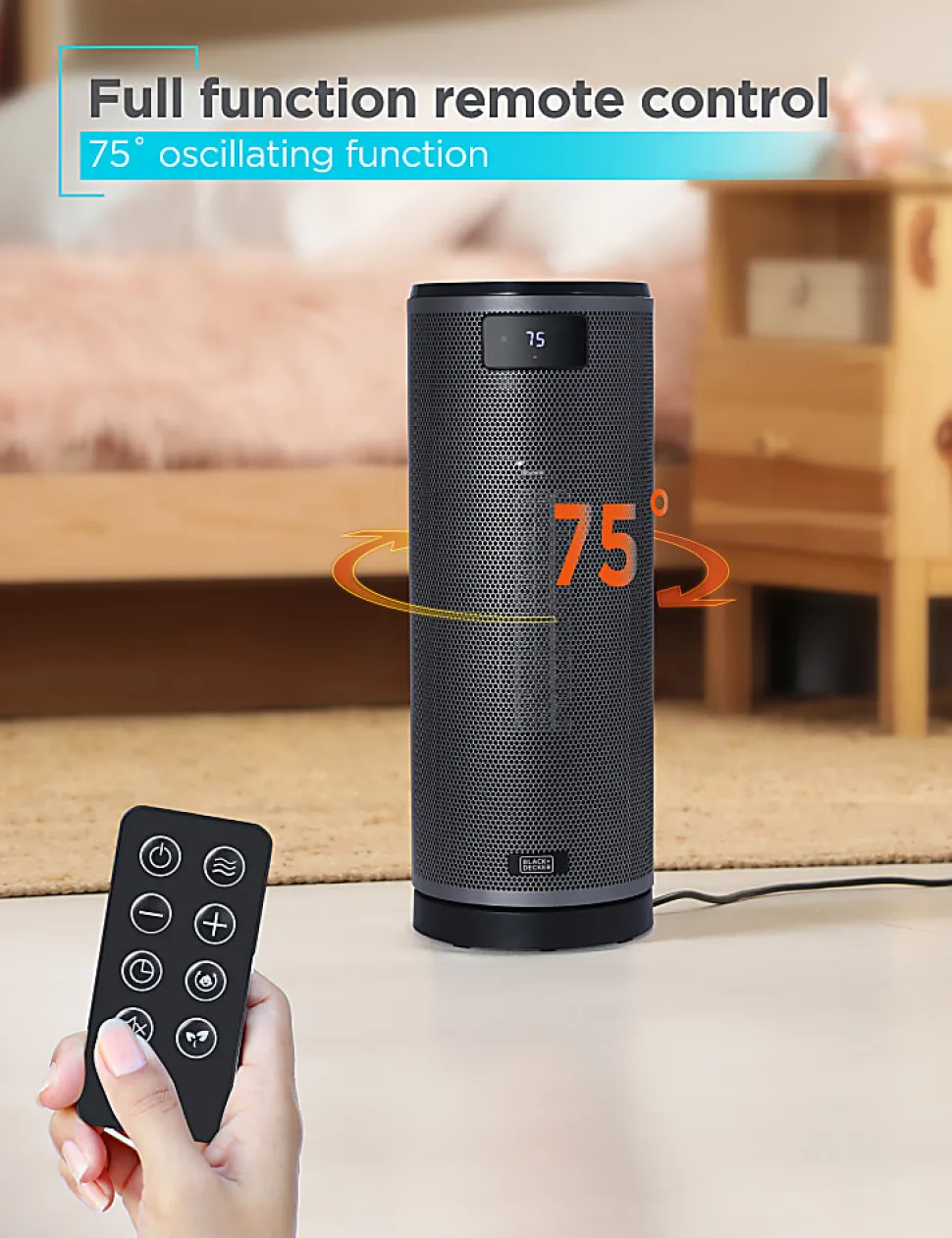 Black+Decker Ceramic Oscillating 1,500W Tower Heater With Remote Control, 15-13/16”H x 6”W x 6-1/8”D, Black