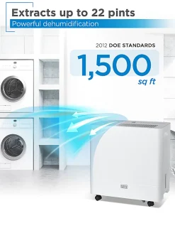 Black+Decker 22-Pint Portable Dehumidifier, 1,500 Sq. Ft. Coverage, White, Total Qty 1