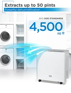 BLACK+DECKER Portable Dehumidifier with Built-In Pump, 50 Pint, Up To 4,500 Sq. Ft. Coverage, 12.68-Pint Bucket, White, Total Quantity 1