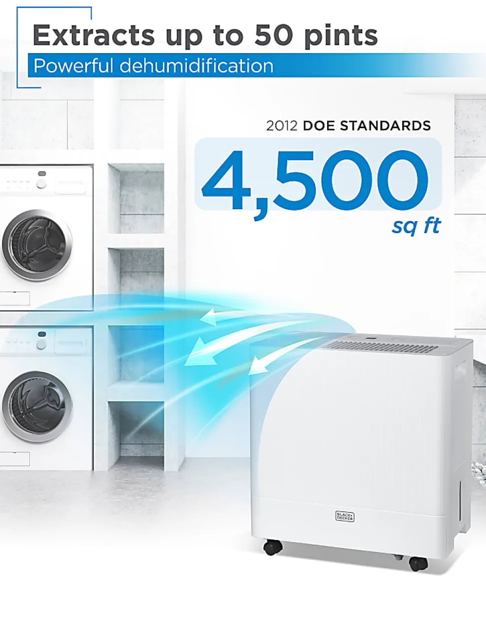 BLACK+DECKER Portable Dehumidifier with Built-In Pump, 50 Pint, Up To 4,500 Sq. Ft. Coverage, 12.68-Pint Bucket, White, Total Quantity 1