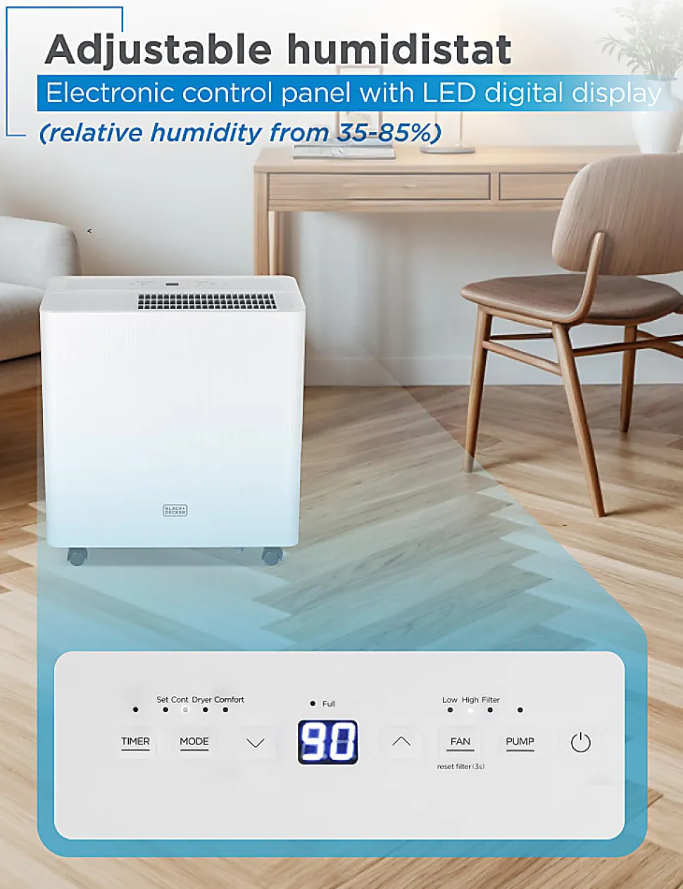 BLACK+DECKER Portable Dehumidifier with Built-In Pump, 50 Pint, Up To 4,500 Sq. Ft. Coverage, 12.68-Pint Bucket, White, Total Quantity 1