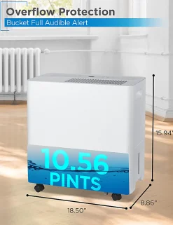BLACK+DECKER Portable Dehumidifier, 36 Pint, Up To 3,000 Sq. Ft. Coverage, 10.56-Pint Bucket, White, Total Quantity 1
