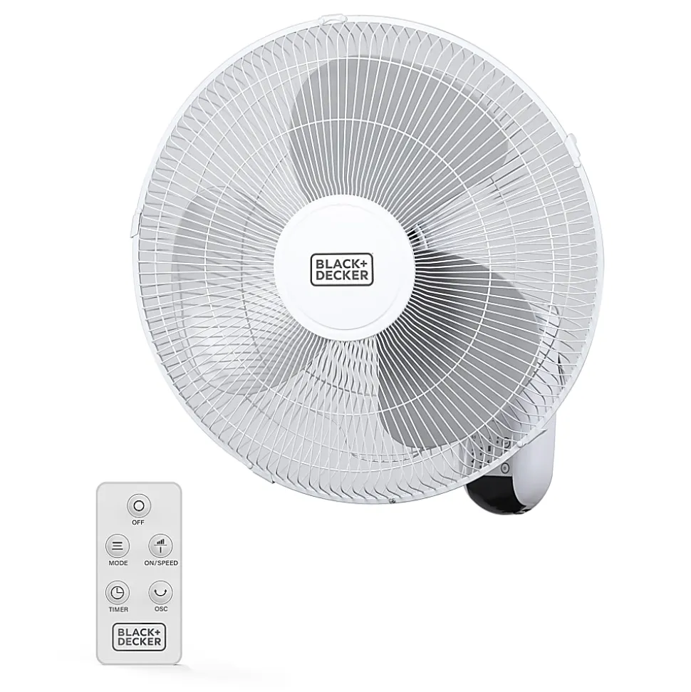 Black+Decker 3-Speed Oscillating Wall Fan With Remote, 18"H x 12"W x 12"D, White
