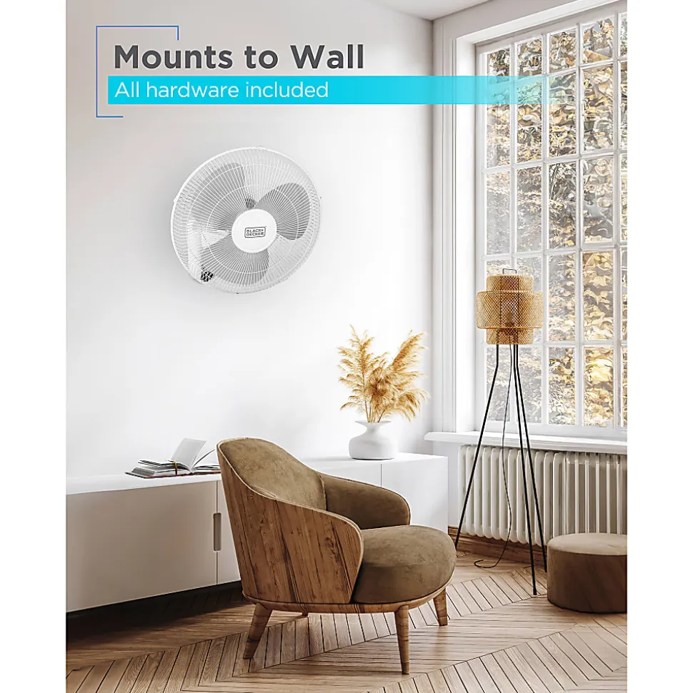 Black+Decker 3-Speed Oscillating Wall Fan With Remote, 18"H x 12"W x 12"D, White