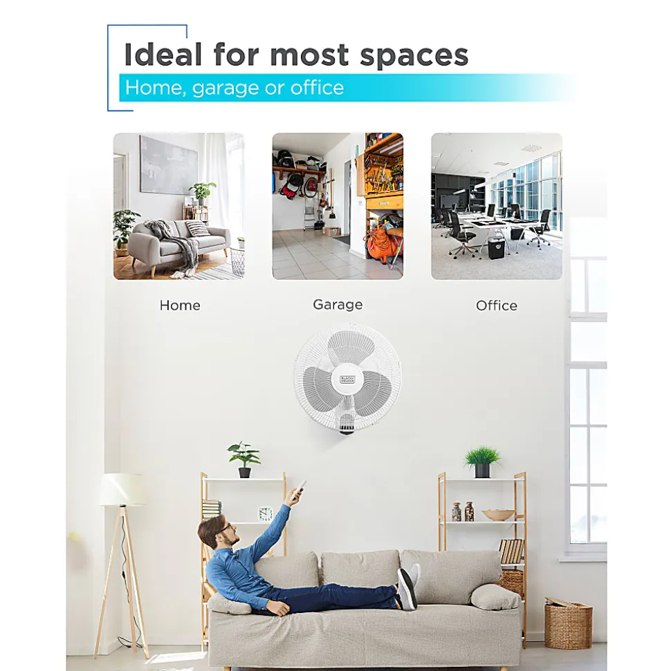 Black+Decker 3-Speed Oscillating Wall Fan With Remote, 18"H x 12"W x 12"D, White