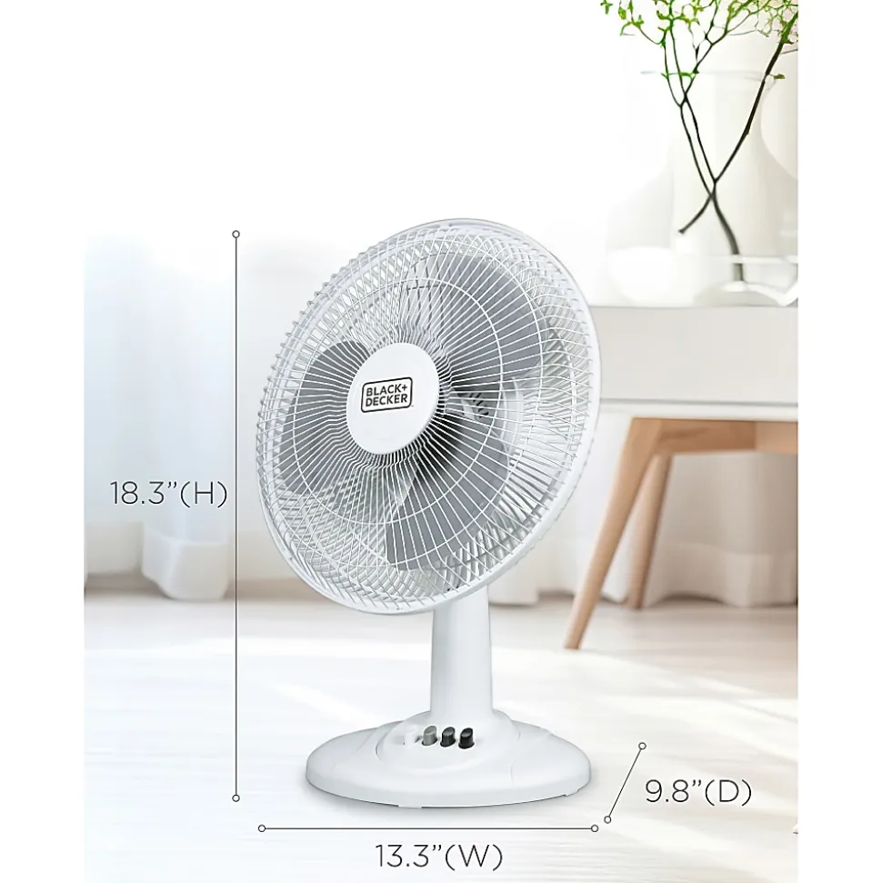 BLACK+DECKER 3-Speed Oscillating Portable Table Fan, 18-5/16"H x 13-5/16"W x 9-13/16"D, White