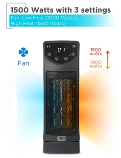 Black+Decker 1500-Watt Oscillating Ceramic Desktop Heater With Remote, 13-13/16”H x 4-5/8”W x 4-3/4”D, Black
