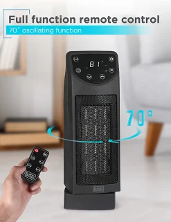 Black+Decker 1500-Watt Oscillating Ceramic Desktop Heater With Remote, 13-13/16”H x 4-5/8”W x 4-3/4”D, Black