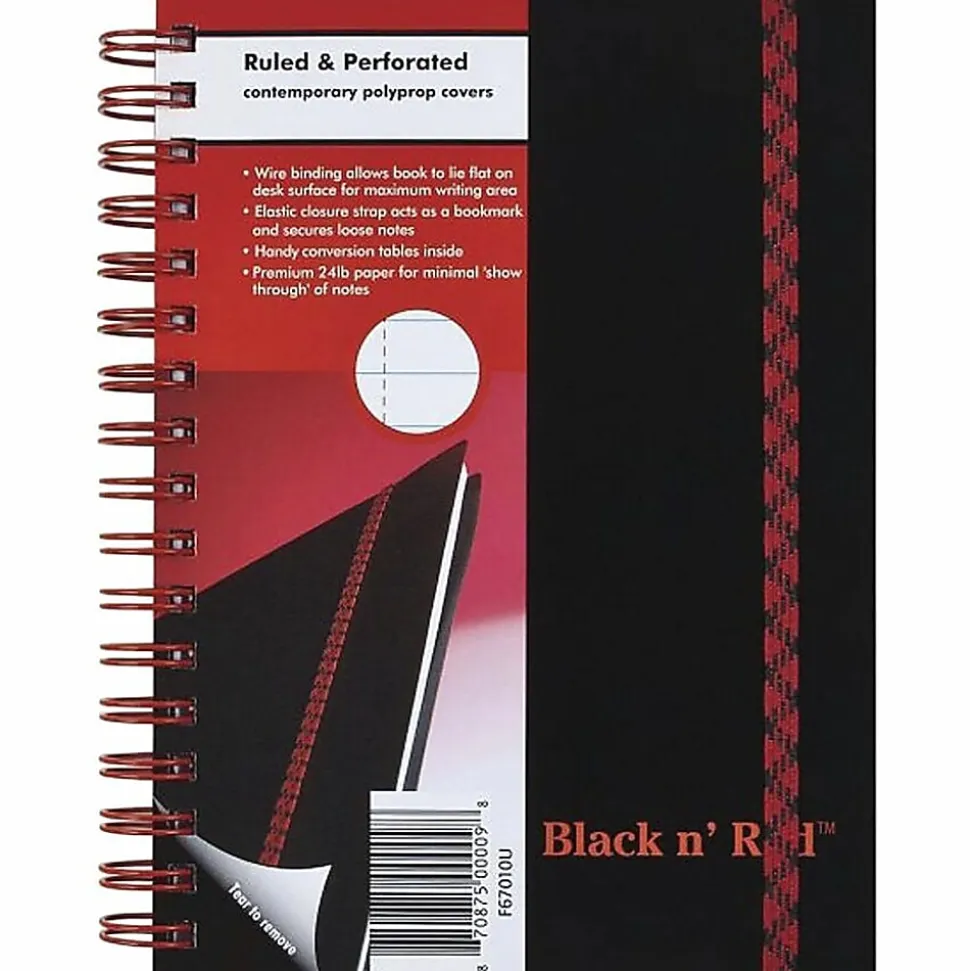 Black n' Red™ Wirebound Notebook, 3 5/8" x 5 7/8", 1 Subject, Wide Ruled, 70 Sheets, Black/Red