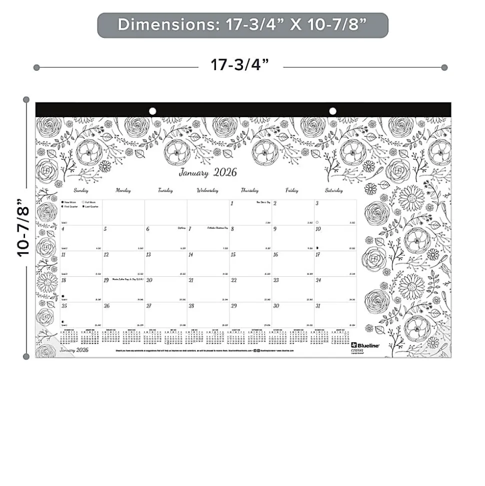 2026 Blueline® DoodlePlan™ Monthly Desk Pad Coloring Calendar, 17-3/4” x 10-7/8”, Motif, January To December, C2917001