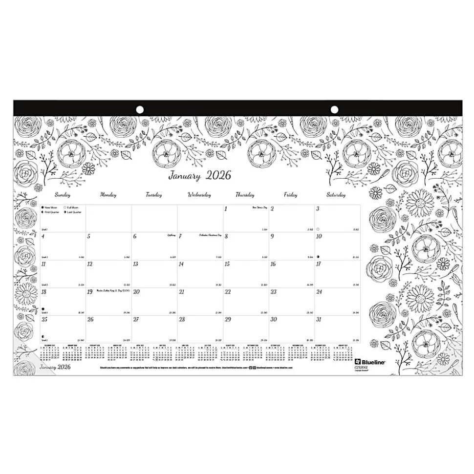 2026 Blueline® DoodlePlan™ Monthly Desk Pad Coloring Calendar, 17-3/4” x 10-7/8”, Motif, January To December, C2917001