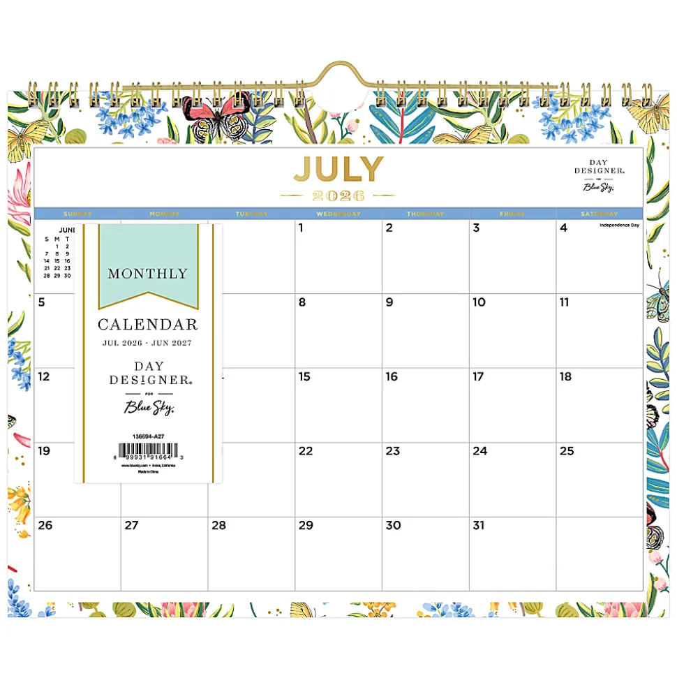 2026–2027 Blue Sky DD Flutter Monthly Safety Wirebound Wall Calendar, 11 x 8.75, Flutter, Academic Year, 136694