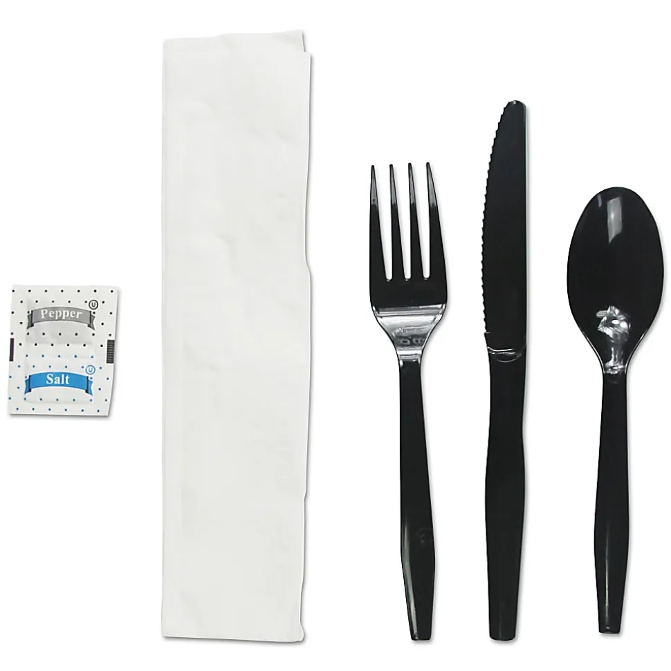 Boardwalk® 6-Piece Cutlery Kits, Polystyrene, Black, Pack Of 250 Kits