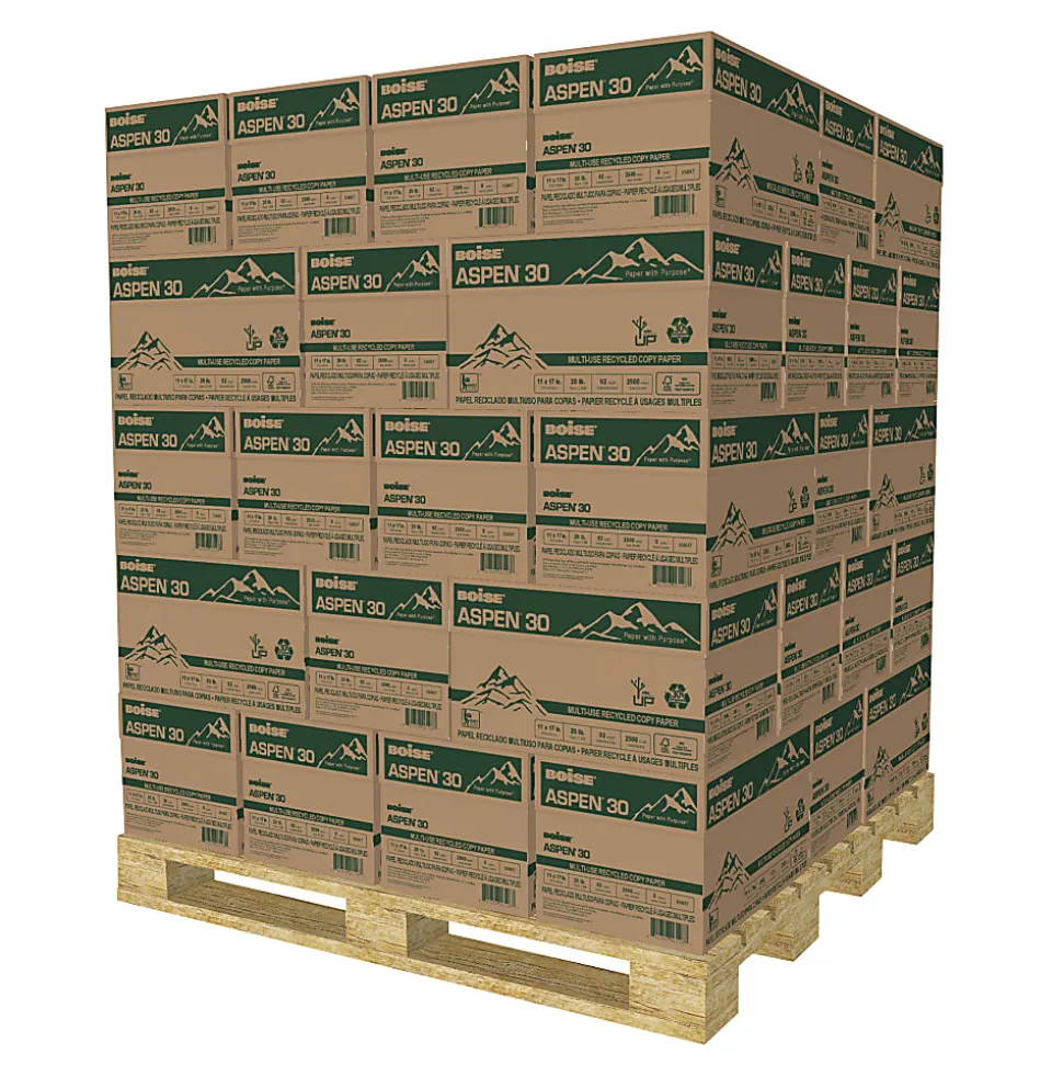 Boise® ASPEN® 30 Multi-Use Printer & Copy Paper, 200 Reams, White, Ledger (11" x 17"), 100000 Sheets Per Pallet- 054907-SKD-DA