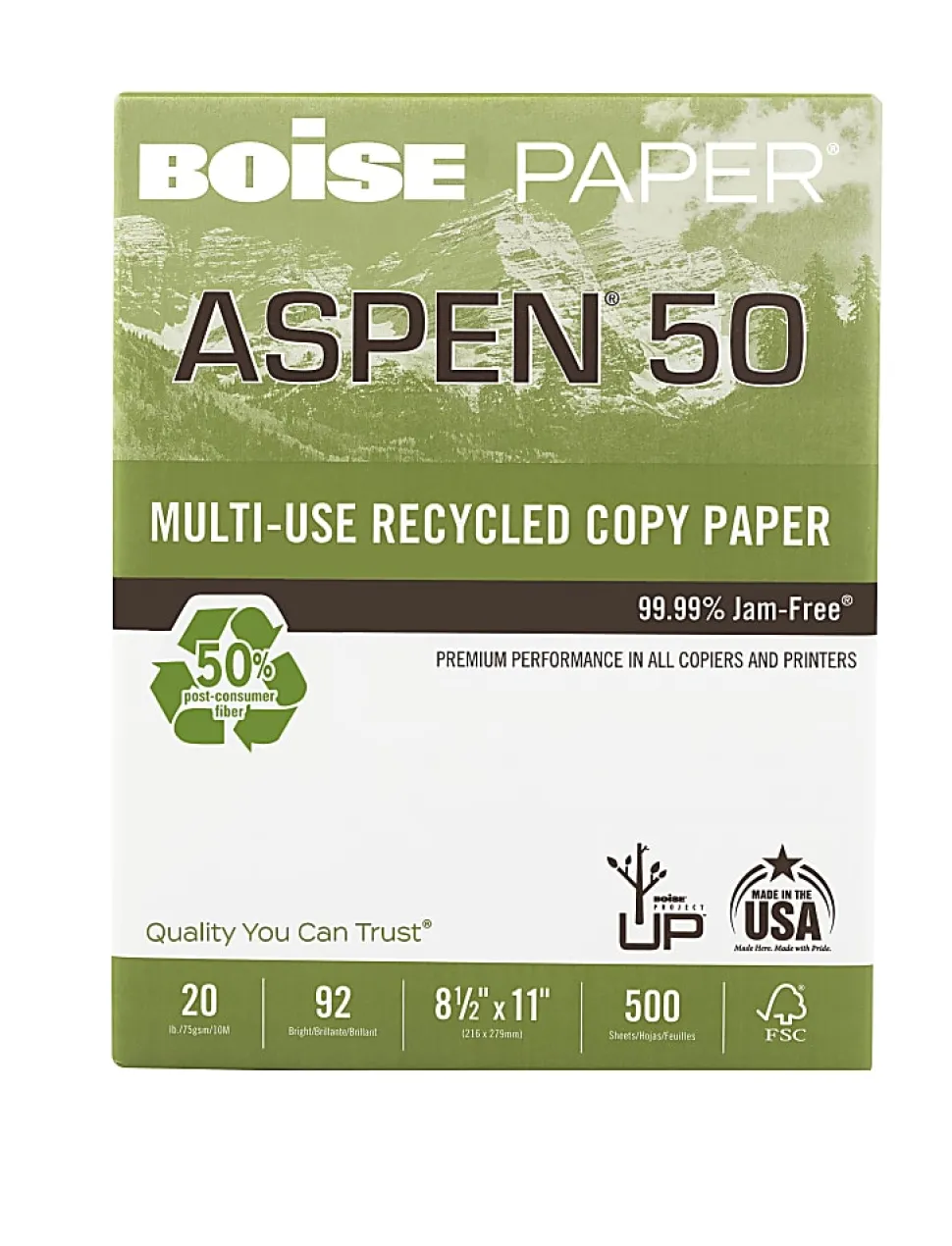 Boise® ASPEN® 50 Multi-Use Printer & Copy Paper, 1 Ream, White, Letter Size, 500 Sheets Per Ream - 55011