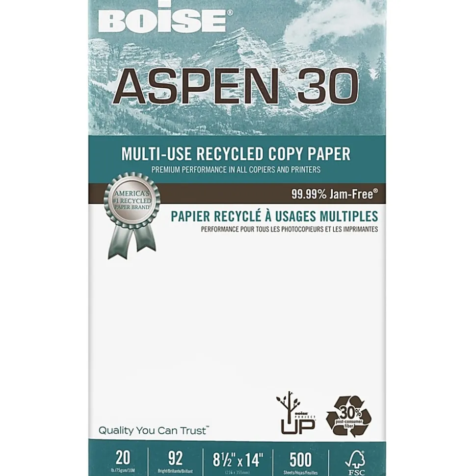 Boise® ASPEN® 30 Multi-Use Printer & Copy Paper, 10 Reams, White, Legal (8.5" x 14"), 5000 Sheets Per Case- 054904-CTN
