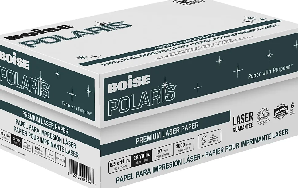 Boise POLARIS® Premium Laser Paper, 6 Reams, White, Letter Size (8 1/2" x 11"), 500 Sheets Per Ream, FSC® Certified, 28 Lb, 98 Brigtness