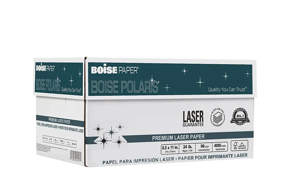 Boise POLARIS® Premium Laser Paper, 8 Reams, White, Letter Size (8 1/2" x 11"), 500 Sheets Per Ream, FSC® Certified, 24 Lb, 98 Brigtness