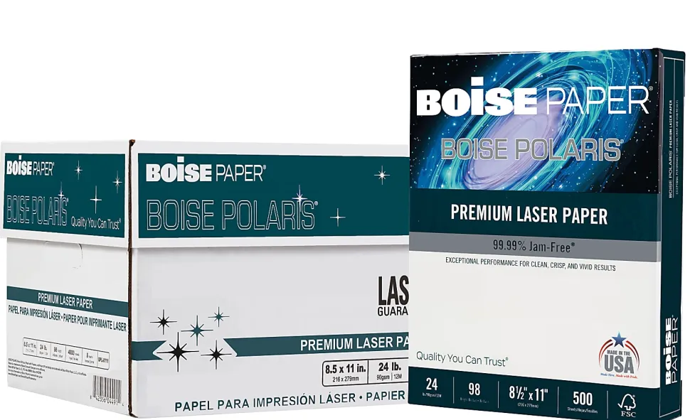 Boise POLARIS® Premium Laser Paper, 8 Reams, White, Letter Size (8 1/2" x 11"), 500 Sheets Per Ream, FSC® Certified, 24 Lb, 98 Brigtness